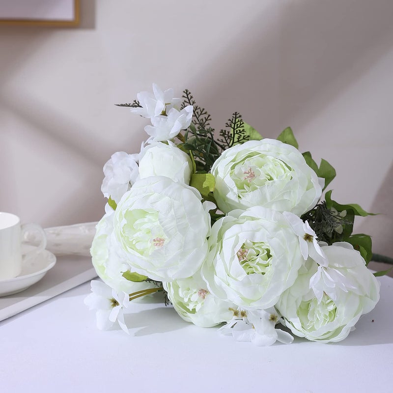 Duovlo باقة Duovlo Springs Flowers من الحرير الاصطناعي الفاوانيا لتزيين المنزل والزفاف حزمة من 1 (أبيض ربيعي) - Image 4